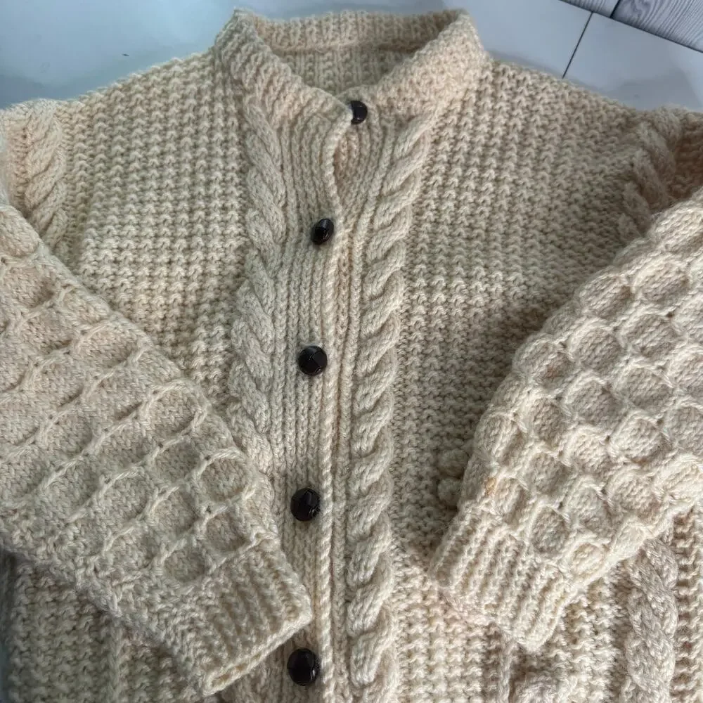 Irish Hand Knit Fitzpatrick Sweater 100% Wool Cable Knit Kids 12-14 (Wms XS)